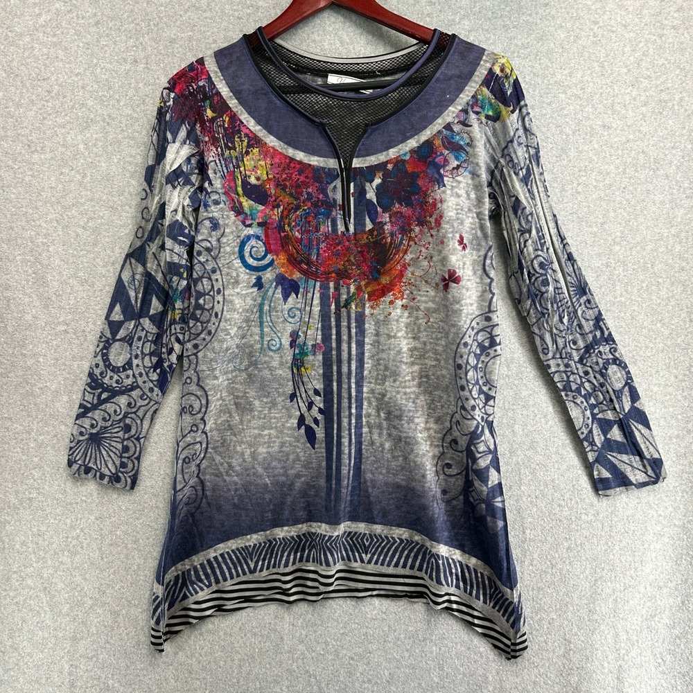Variations Tunic Top Gray Blue Burnout Print Mesh Neck Sharkbite Womens Medium ?